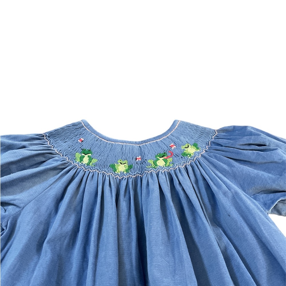 Anavini girls smocked frogs bishop long corduroy dress blue pink 6X - Picture 6 of 7
